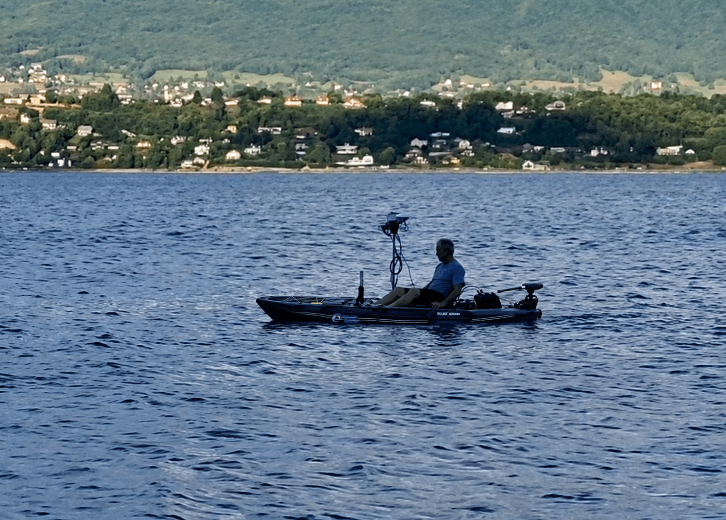Bathyswath-3 pole-mounted on a kayak, surveying a mountain lake